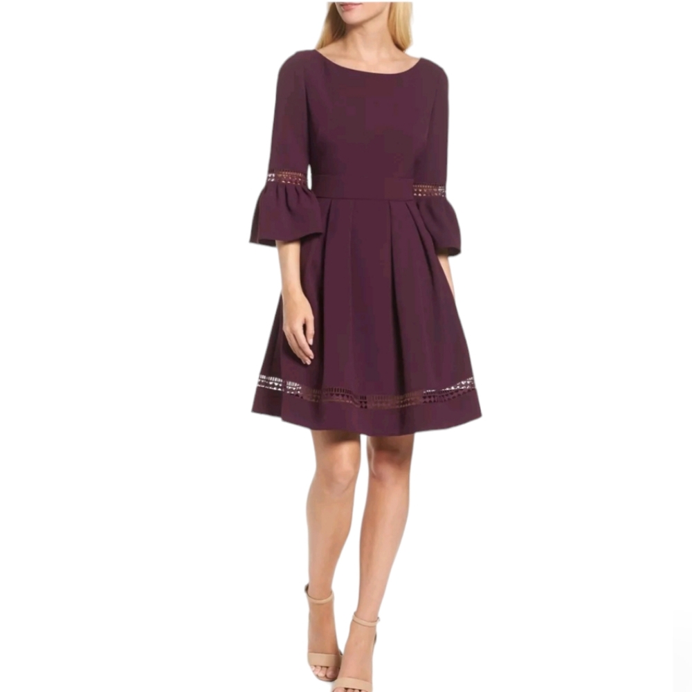 Eliza J‎ Purple Plum Eyelet Lace Trim Bell Sleeve Dress Size 6